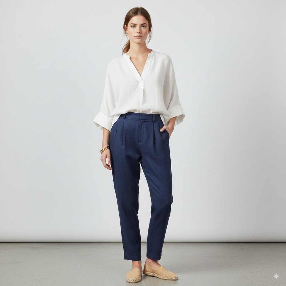Ellen Tracy Women's 100% Linen Pleated‎ Wide Leg Dress Pants Navy Blue Size 14